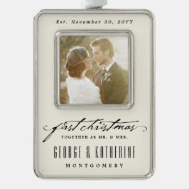  handschrift Eerste kerstfoto bruiloft Verzilverd Omlijst Ornament