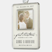  handschrift Eerste kerstfoto bruiloft Verzilverd Omlijst Ornament (Links)