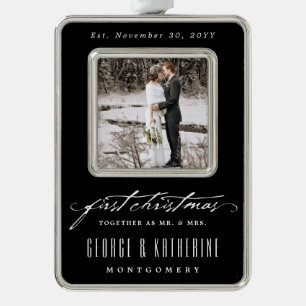 handschrift Eerste kerstfoto bruiloft Verzilverd Omlijst Ornament