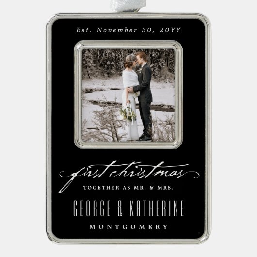 handschrift Eerste kerstfoto bruiloft Verzilverd Omlijst Ornament (Voorkant)