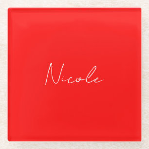 Handschrift Elegante naam Rood Wit Kleur Plain Glazen Onderzetter