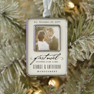handschrift First Noel Photo Wedding Verzilverd Omlijst Ornament