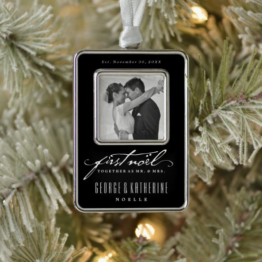 handschrift First Noel Photo Wedding Verzilverd Omlijst Ornament (Boom)