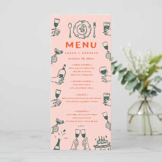 Handschrift Hand getrokken retro bruiloft menu (Staand voorkant)