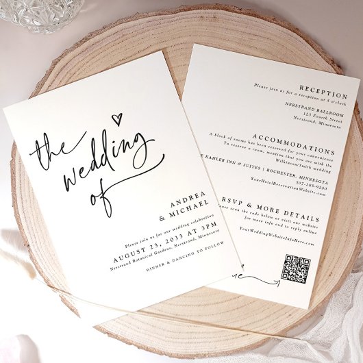 Handschrift met Heart Wedding Modern QR Code Kaart