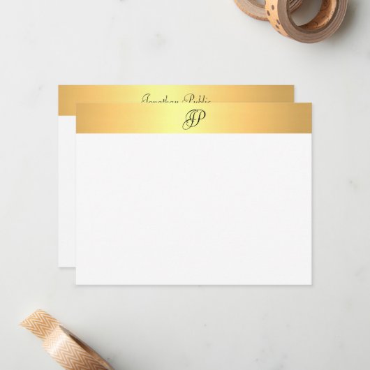 Handschrift Monogram Naam Faux Gold Modern Notitiekaartje (Voorkant / Achterkant in situ)