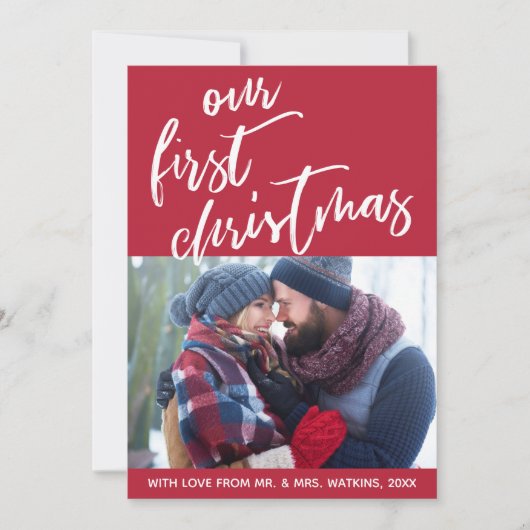 Handschrift op rood onze eerste kerst, foto feestdagenkaart (Voorkant)