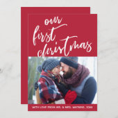 Handschrift op rood onze eerste kerst, foto feestdagenkaart (Voorkant / Achterkant)