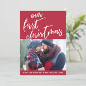 Handschrift op rood onze eerste kerst, foto feestdagenkaart (Staand voorkant)