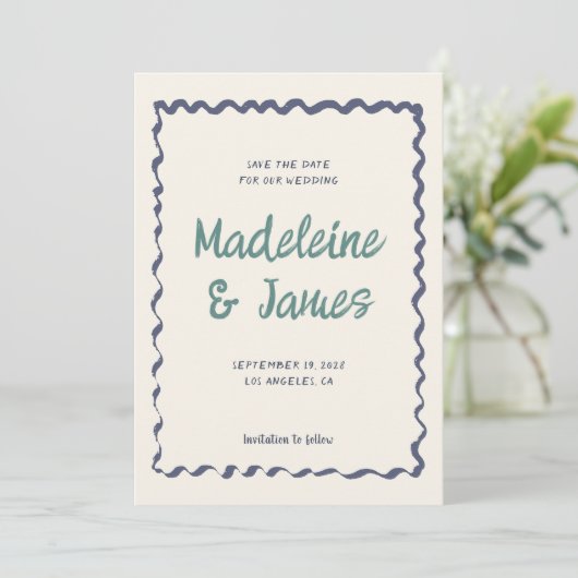 Handschrift pastel golvend Lijst retro bruiloft Save The Date (Staand voorkant)