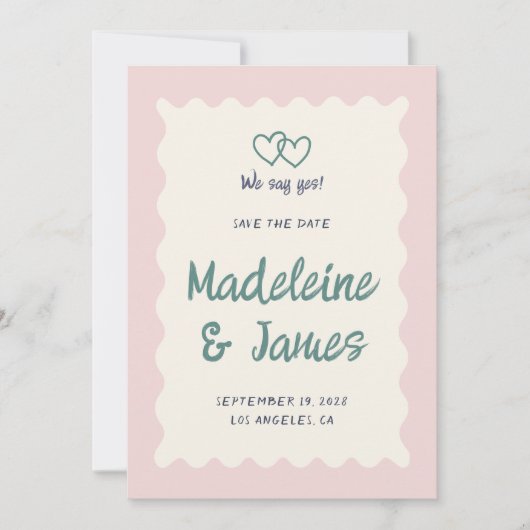 Handschrift pastel roze groen retro bruiloft save the date (Voorkant)