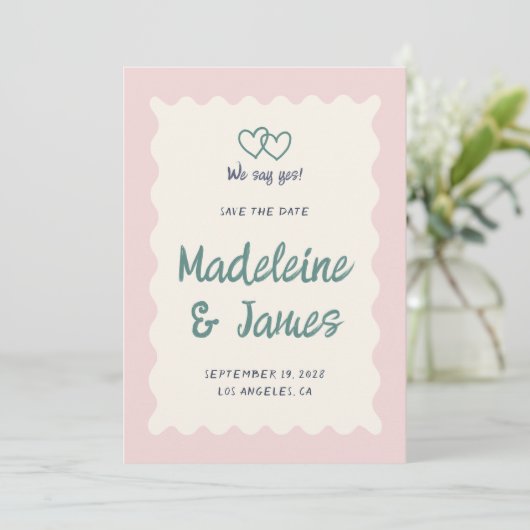 Handschrift pastel roze groen retro bruiloft save the date (Staand voorkant)