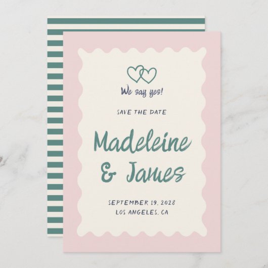 Handschrift pastel roze groen retro bruiloft save the date (Voorkant / Achterkant)