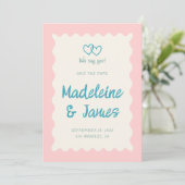 Handschrift Retro Bold Roze Turquoise Bruiloft Save The Date (Staand voorkant)