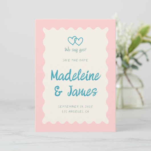Handschrift Retro Bold Roze Turquoise Bruiloft Save The Date (Staand voorkant)