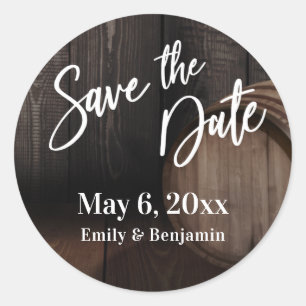 Handschrift Save the Date Brown Wooden Barrel Ronde Sticker