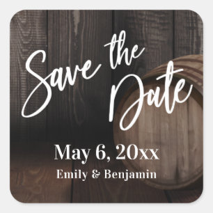 Handschrift Save the Date Brown Wooden Barrel Vierkante Sticker