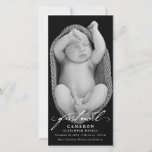 handschrift script baby's eerste nieuwe foto feestdagenkaart (Voorkant)