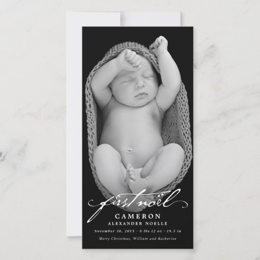  handschrift script baby's eerste nieuwe foto feestdagenkaart (Voorkant)