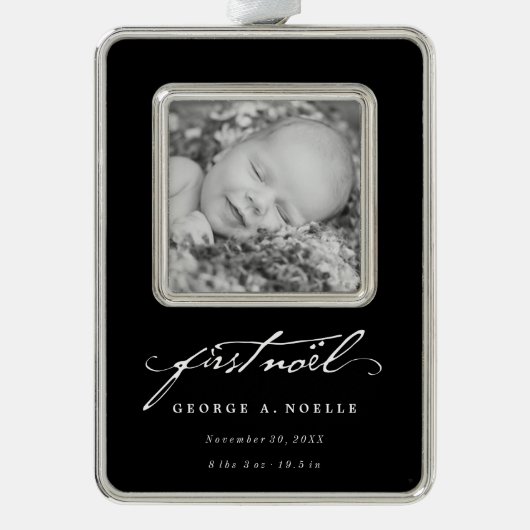  handschrift script baby's eerste nieuwe foto verzilverd omlijst ornament (Voorkant)