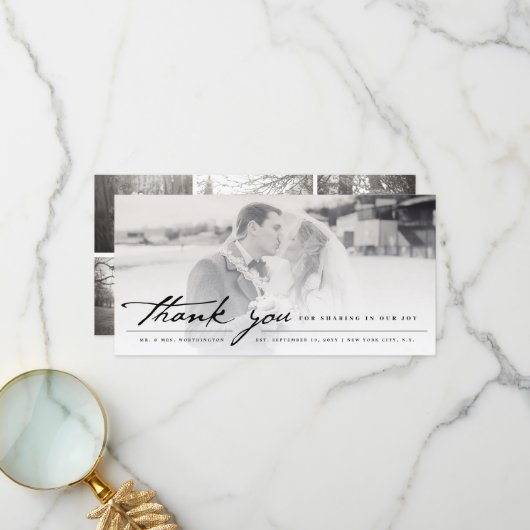  handschrift script, klassieke 6-fotobruiloft bedankkaart (Voorkant / Achterkant in situ)