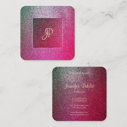 Handschrift Script Modern Elite Glitter Sjabloon Vierkante Visitekaartje (Voorkant / Achterkant)