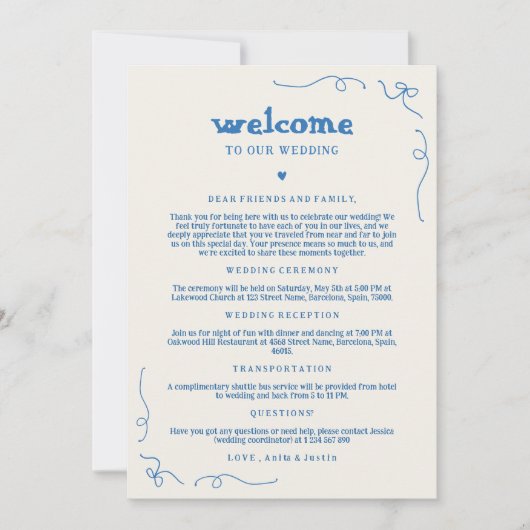 Handschrift Script Wedding Welcome Timeline Kaart (Voorkant)