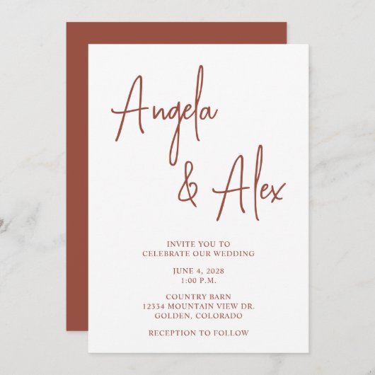 Handschrift Stijl Script Terracotta Bruiloft Kaart (Voorkant / Achterkant)