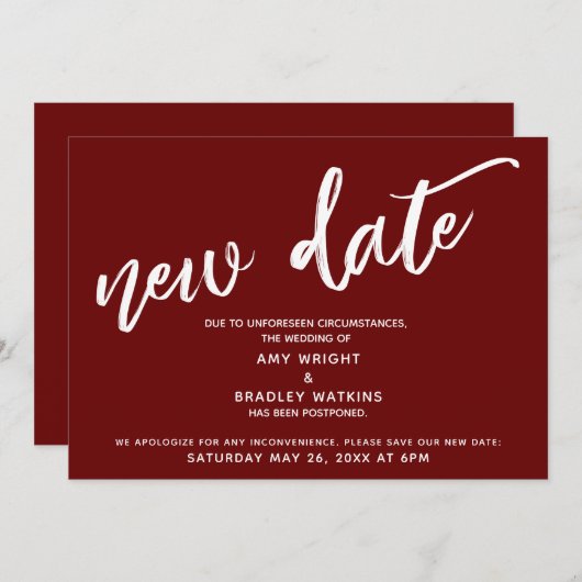 Handschrift uitgesteld bruiloft nieuwe datum Bourg Kaart (Voorkant / Achterkant)