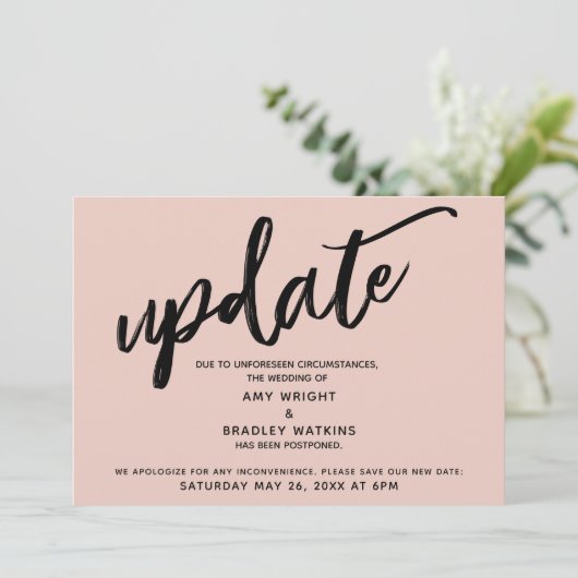 Handschrift uitgestelde bruiloft blush aankondigin kaart (Staand voorkant)