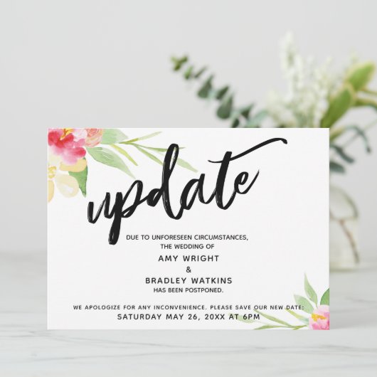 Handschrift "Update" bloemen uitgesteld bruiloft Kaart (Staand voorkant)