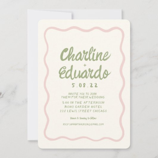 Handschrift Wavy Green Pastel Kleur Bruiloft Kaart (Voorkant)
