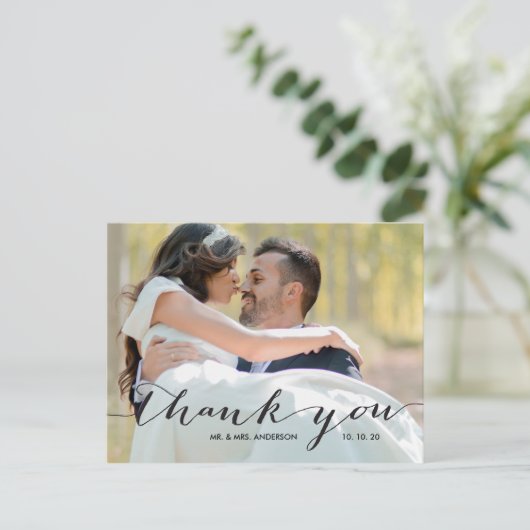 Handschrift Zwart 2 foto bruiloft Dank u Briefkaart (Staand voorkant)