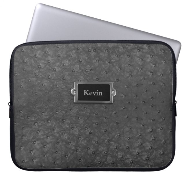 Handsome Black Faux Ostrich Skin Leather Laptop Sleeve (Voorkant)