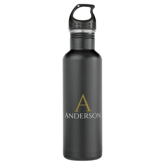 Handsome Black Modern Gold Monogram Initiaal Waterfles (Voorkant)