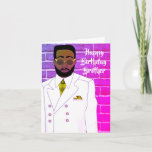 Handsome Brother African American Birthday Kaart<br><div class="desc">Deze coole Birthday Kaart is voorzien van een Afrikaans-Amerikaans mannetje met een wit pak en stropdas. Haal deze kaart voor je geweldige verjaardag.</div>