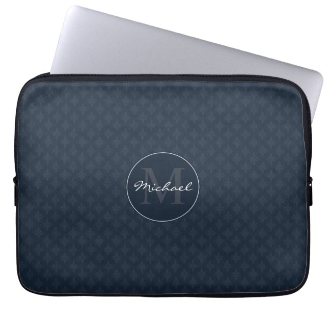 Handsome Dark Navy Blue Personalized Monogram Laptop Sleeve (Voorkant)