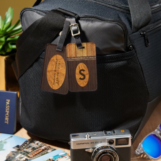 Handsome Faux Wood Monogrammed Bagagelabel (Voorkant /achterkant)