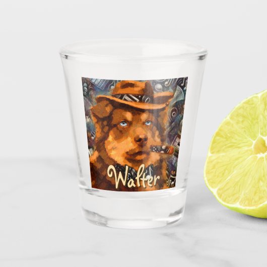 Handsome Gangster Dog w / Blue Eyes Gepersonalisee Shot Glas (Voorkant)