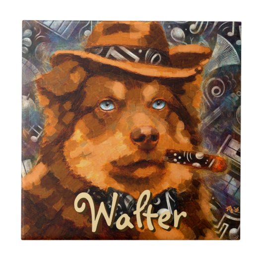 Handsome Gangster Dog w / Blue Eyes Gepersonalisee Tegeltje (Voorkant)