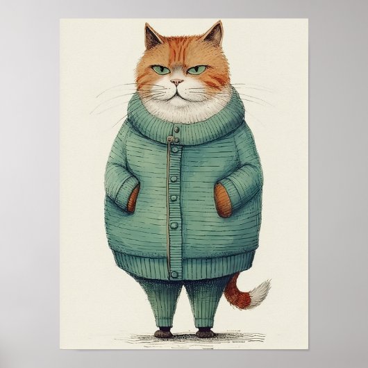 Handsome Ginger Cat In Green Sweater, Funny Cat De Poster (Voorkant)
