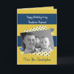 Handsome Husband op je verjaardagsnavy-fotokaart Kaart<br><div class="desc">Personaliseer deze verjaardagsfotokaart voor uw knappe man. Ontworpen in marine,  blauw en goud met stippen en liefdesharten. Vervang de foto door uw eigen foto,  voeg zijn naam toe en wijzig de tekst naar wens. **Samplephoto©Lynnrosedesigns**</div>