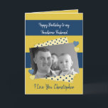 Handsome Husband op je verjaardagsnavy-fotokaart Kaart<br><div class="desc">Personaliseer deze verjaardagsfotokaart voor uw knappe man. Ontworpen in marine,  blauw en goud met stippen en liefdesharten. Vervang de foto door uw eigen foto,  voeg zijn naam toe en wijzig de tekst naar wens. **Samplephoto©Lynnrosedesigns**</div>