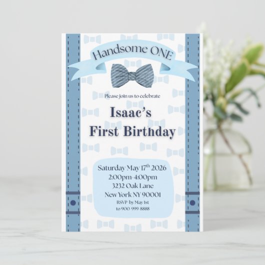 Handsome One Baby Boy First Birthday Party Invite Kaart (Staand voorkant)