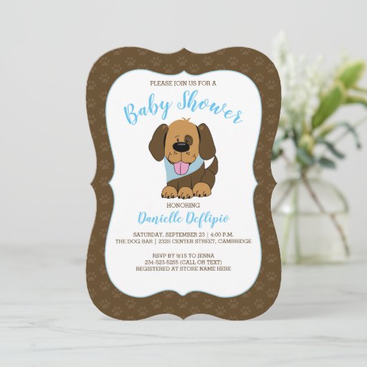 Handsome Puppy Dog Boy Baby shower nodigt Brown ui Kaart (Staand voorkant)