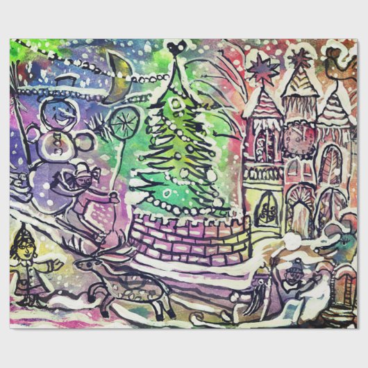 HANDTEKEND CHRISTMAS SCENE GIFT WRAPPING PAPIER (Vlak)