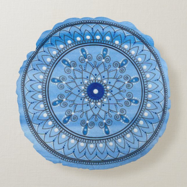 Handtekening  blauw en witte Mandala ventilator Rond Kussen (Voorkant)