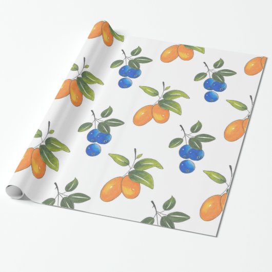 Handtekening Blauwbessen en Kumquats Pattern Cadeaupapier (Uitgerold)