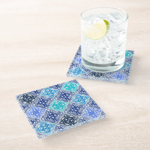 Handtekening Blue Moroccan Tegel Pattern Glazen Onderzetter