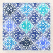 Handtekening Blue Moroccan Tegel Pattern Glazen Onderzetter (Voorkant)